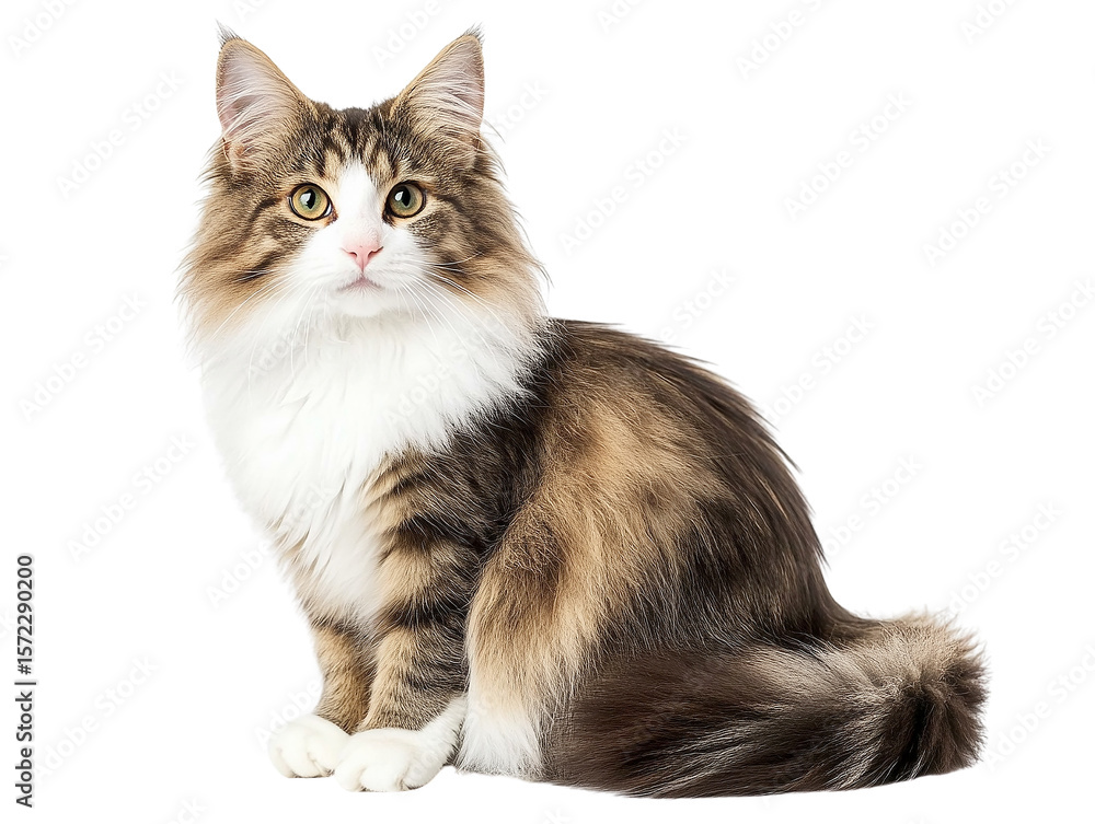 Obraz premium Norwegian Forest Cat, Sitting Pose, Isolated on Transparent PNG, Studio Shot