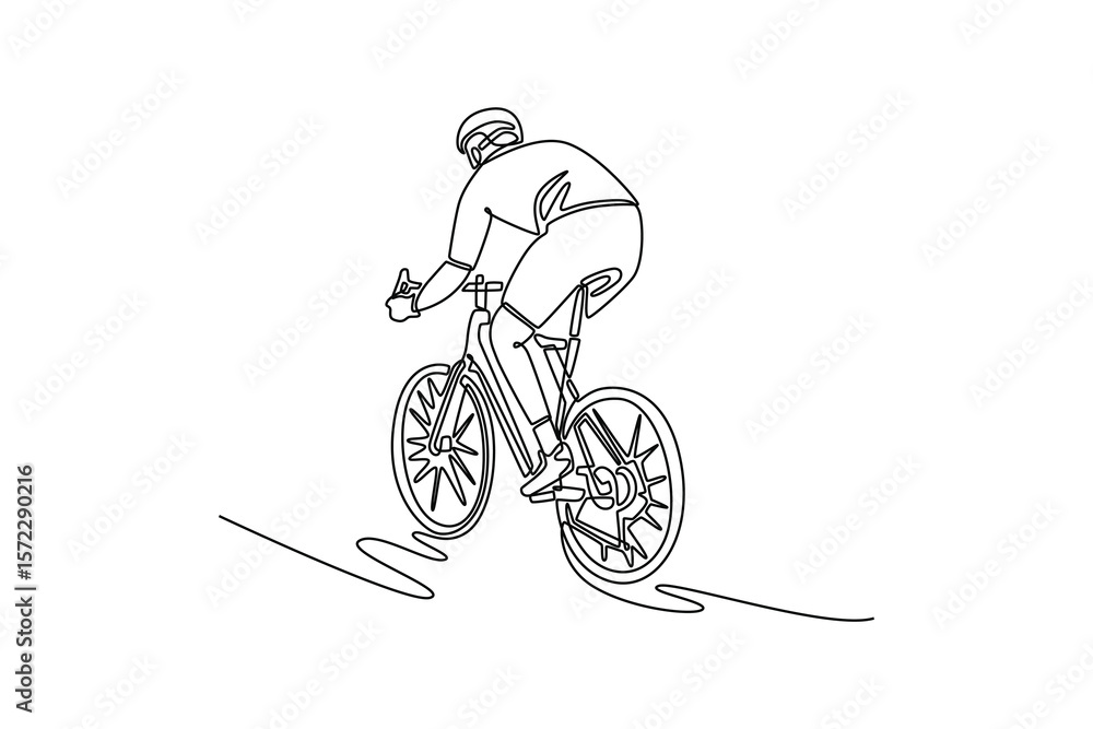 Naklejka premium Single one line drawing full length active man in sport clothing and protective helmet riding road bike. Concept of workout, training, and race. Continuous line draw design graphic vector illustration