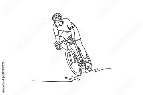 Continuous one line drawing fearless athletic sportsman in protective clothes driving bike on steep road. Active sport, health, workout, recreation. Single line draw design vector graphic illustration