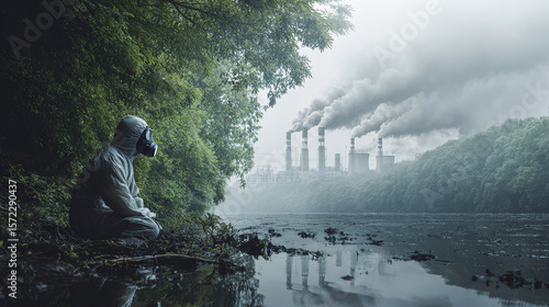 Person wearing a hazmat suit and mask sits near polluted water, facing industrial smoke stacks creating smog.