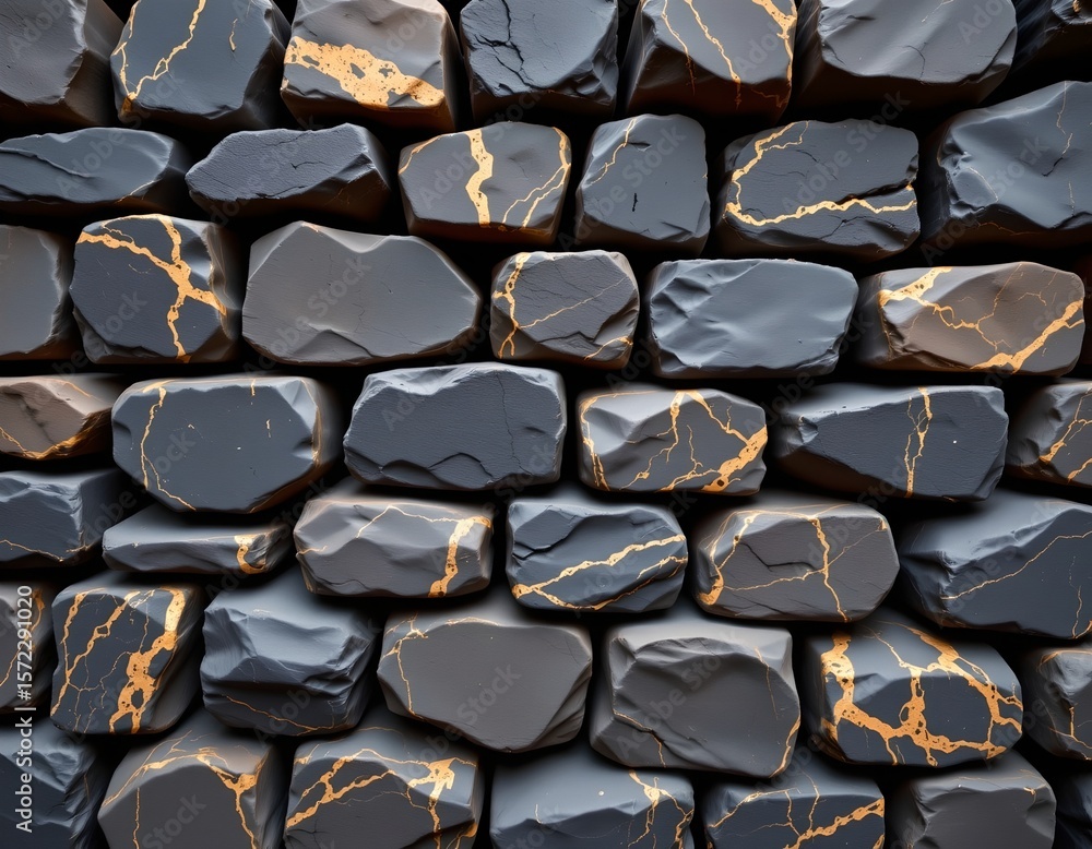 Fototapeta premium the image shows a close up of a stone wall made of irregularly shaped rocks, the rocks are primarily dark brown to nearly black in color