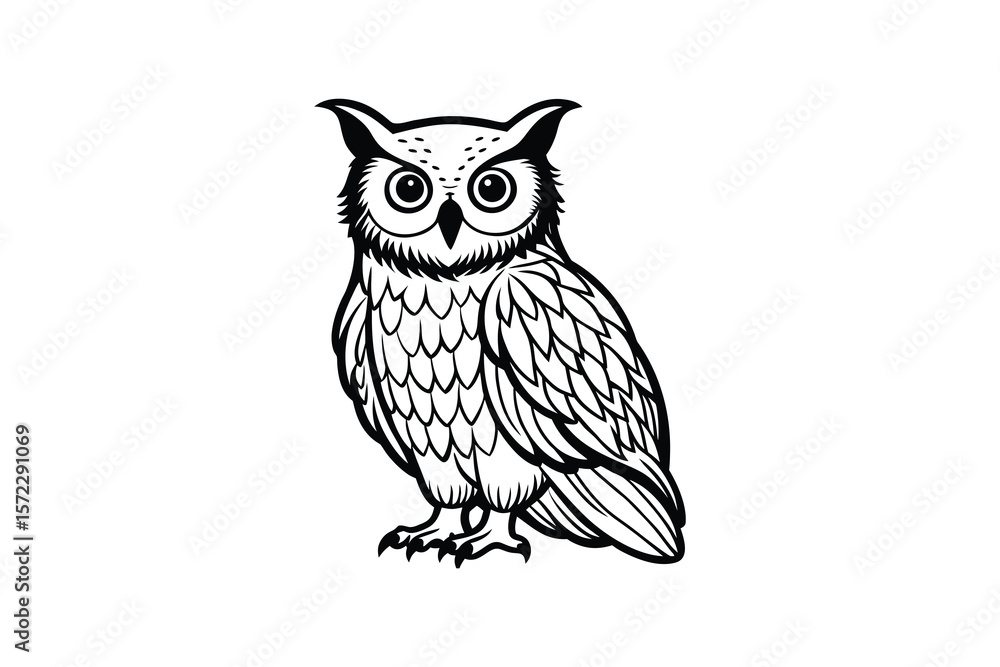 Obraz premium Detailed Black and White Owl Illustration on a White Background