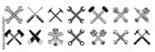 set crossed saws hammers pistons wrench axe design element logo label emblem sign