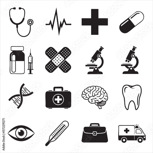 Black and White Medical Icons Set Healthcare Symbols Collection Stethoscope Heartbeat Cross Pill Vial Syringe Bandage Microscope D N A First Aid
