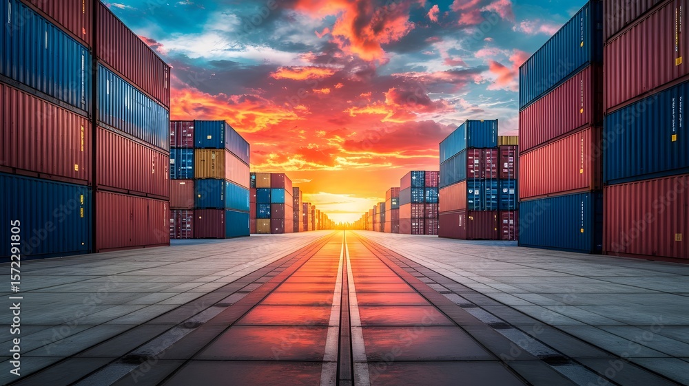 Fototapeta premium container cargo freight ship at sunset