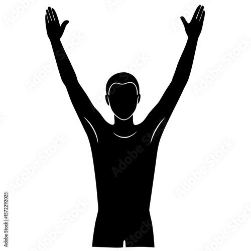 Man with arms raised up in the air silhouette vector illustration