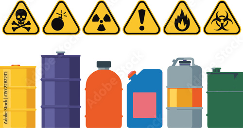 Vector art of various hazardous materials in different containers isolated on transparent background