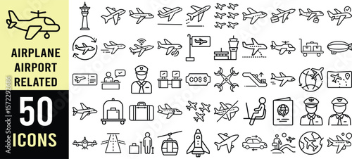 Airplane Travel Icons: Flight, Airport, Pilot, and Transportation Line Art Graphics