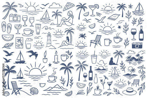 Summer themed hand drawn icon collection featuring tropical beach vacation and holiday elements