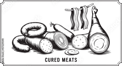 Vector art of an assortment of cured meats, including sausage, bacon, and ham isolated on transparent background
