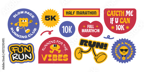 Fun run marathon event stickers, patch, badges. Groovy running logos with quote.
