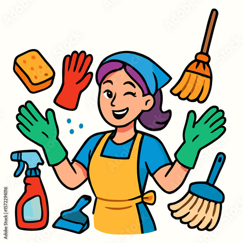 Illustration of a Cleaning Lady with Supplies, Representing Housekeeping and Organization