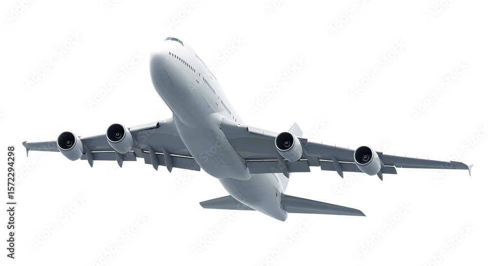 Bottom Rear View of White Airplane Boeing 747 Jumbo Jet in Flight Featuring Massive Wingspan and Four Engine Configuration for Long-Haul Travel Isolated on a Transparent Background Bottom Rear View of White Airplane Boeing 747 Jumbo Jet in Flight Featuring Massive Wingspan and Four Engine Configuration for Long-Haul Travel Isolated on a Transparent Background