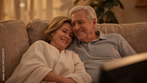 Senior Couple Cuddling Under Blanket Watching TV in Cozy Living Room