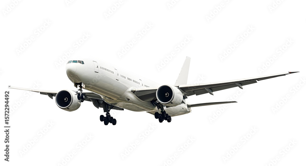 Large White Airplane Commercial Jet Airliner Taking Off in Low Angle Front Perspective with Landing Gear Extended and Detailed Engines Isolated on a Transparent Background Large White Airplane Commercial Jet Airliner Taking Off in Low Angle Front Perspective with Landing Gear Extended and Detailed Engines Isolated on a Transparent Background