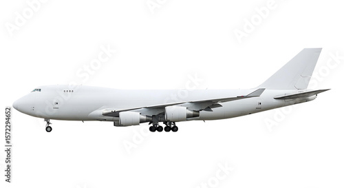 Side View of White Airplane Large Boeing 747 Cargo Aircraft with Four Engines and Raised Cockpit for Heavy Freight and Logistics Transportation Isolated on a Transparent Background