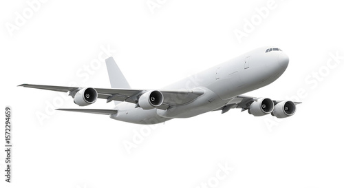 Low Rear Perspective View of White Airplane Cargo Airplane Jet Climbing in Flight with Four Engines Designed for Heavy Airfreight and Commercial Logistics Isolated on a Transparent Background