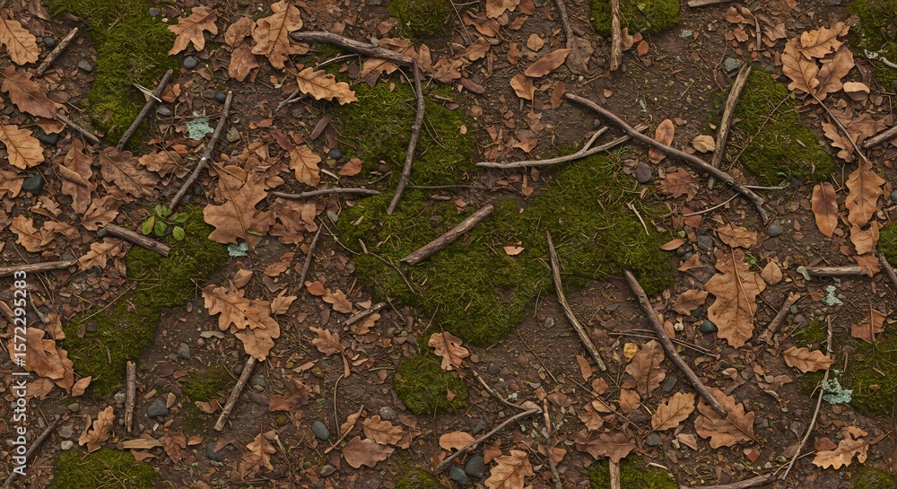 Overhead view of a forest floor with brown fallen leaves green moss and scattered twigs on dark earth Overhead view of a forest floor with brown fallen leaves green moss and scattered twigs on dark earth