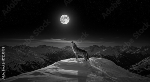 Lone Wolf's Midnight Serenade: A solitary wolf stands silhouetted atop a snow-covered peak, its haunting howl echoing into the night sky. The full moon casts an ethereal glow.