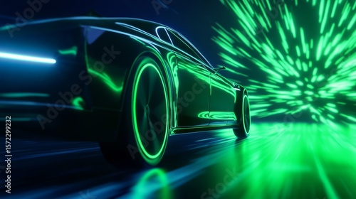 Futuristic Electric Car Speeding - Sleek black electric car speeding through a neon green light tunnel, showcasing futuristic design and speed
