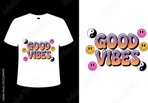 White t shirt featuring good vibes text with smiley faces and yin yang symbols in a graphic design style