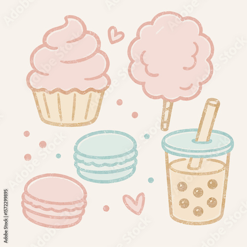 Pastel-colored sweet treats: cupcake, cotton candy, macarons, boba tea.