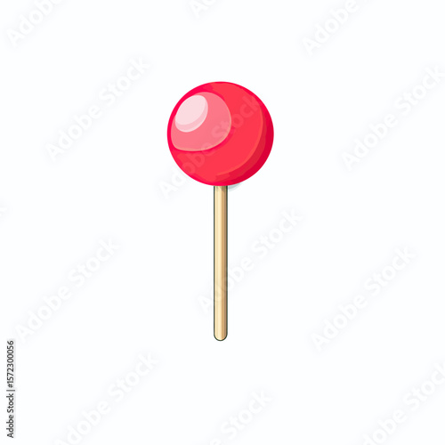 Bright red lollipop candy with glossy reflections on wooden stick isolated on white background vector illustration flat design minimalist style