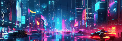 Futuristic cyberpunk neon city street at night with glowing skyscrapers, reflective wet road, and retro futuristic cars in vibrant blue and pink colors vector illustration