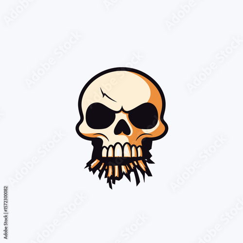 Minimalist flat vector skull logo with cracked forehead and wooden spikes in mouth design for mascot or emblem use
