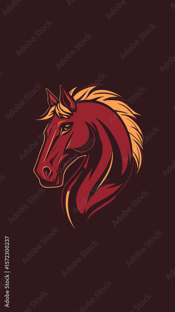 Fototapeta premium Stylized Mustang Horse Head Vector Logo Illustration with Dynamic Mane in Warm Red and Orange Tones for Sports and Tattoo Design