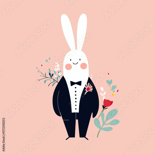 Smiling bunny character in black tuxedo with bow tie and boutonniere standing with floral decorations on soft pink background vector illustration