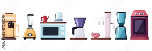Flat vector illustration of diverse kitchen appliances including coffee maker, blender, microwave, meat grinder, juicer, espresso machine, and oven in minimalist style