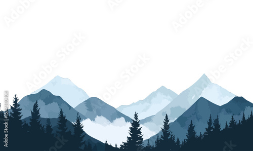 Minimalist watercolor landscape with snow capped mountain peaks and dense spruce forest silhouette on white background vector illustration
