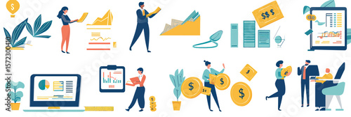 Business people analyzing financial graphs investing in stocks and bonds with digital devices in modern flat vector illustration capital market concept