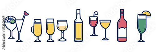 Line art icons set of various alcoholic beverages and cocktail glasses including martini, beer, wine, champagne, and whiskey in minimalist style