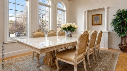 Elegant dining room with luxurious decor and natural light