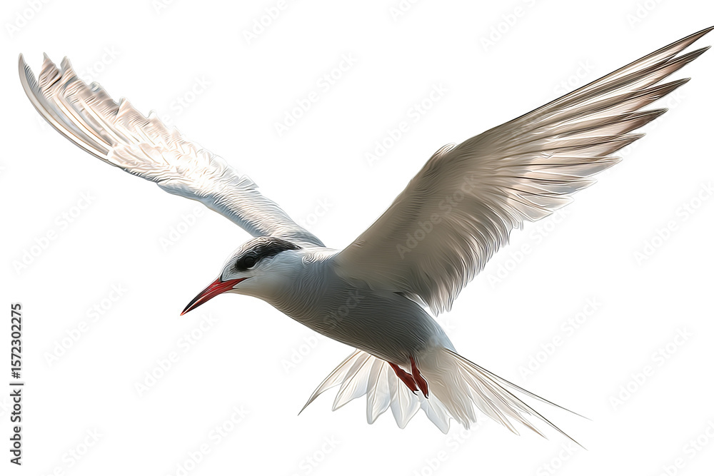 Obraz premium Tern seabird soaring in clear skies, high-resolution PNG-style illustration with transparent background for effortless cutout and design integration
