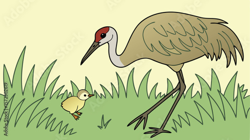 A graceful white crane with a long beak stands among green grass, a beautiful wild bird in nature