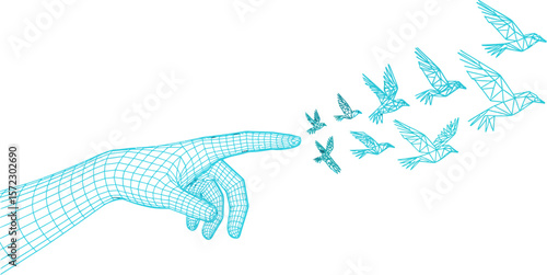 A digital hand releasing geometric birds into a black background creating a sense of freedom and hope