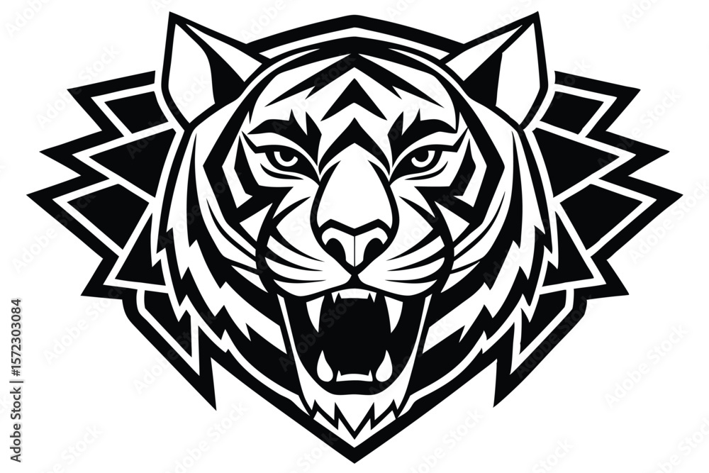 Fototapeta premium Ferocious tiger face features orange stripes and piercing amber eyes, ready to hunt