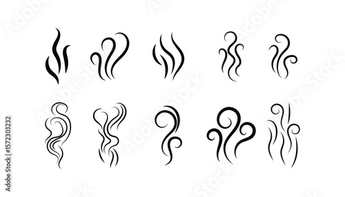 Smoke and Steam Icon Set. Hot Vapor, Smell, and Aroma Symbols. Cooking Fume and Warm Air Vector Collection.