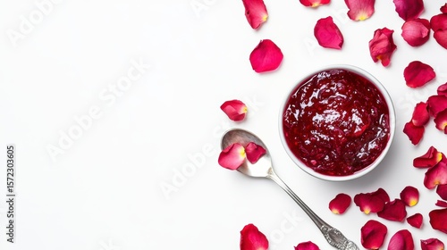 Rose petal jam in a bowl with scattered petals on white background.