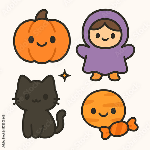 Cute Halloween-themed illustrations featuring a pumpkin, a child, a black cat, and candy.