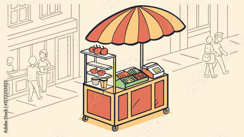 A colorful vector illustration shows a shopping cart overflowing with travel bags and a summer beach umbrella, perfect for a holiday by the sea