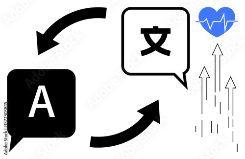 Speech bubbles with letters and arrows showing translation process, heart symbol, upward arrows representing growth and connection. Ideal for communication, learning, progress, health tech