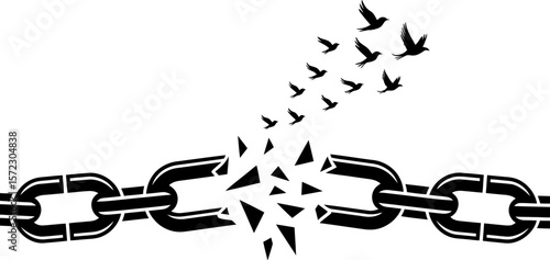 A broken chain with pieces flying apart and birds flying away on a white background in black and white