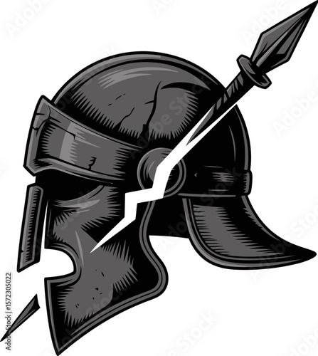 Illustration of a cracked spartan helmet pierced by a spear against a light beige colored background