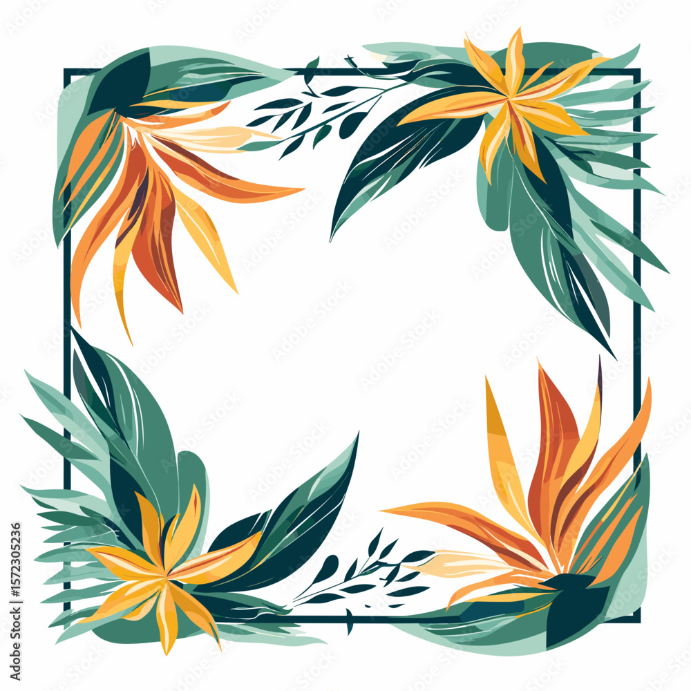 Obraz premium Tropical Floral Frame with Bird of Paradise Flowers and Green Leaves Illustration for Decoration