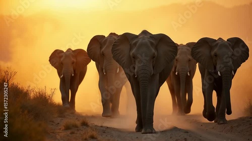 African elephant herd walking on dusty road at golden hour sunset