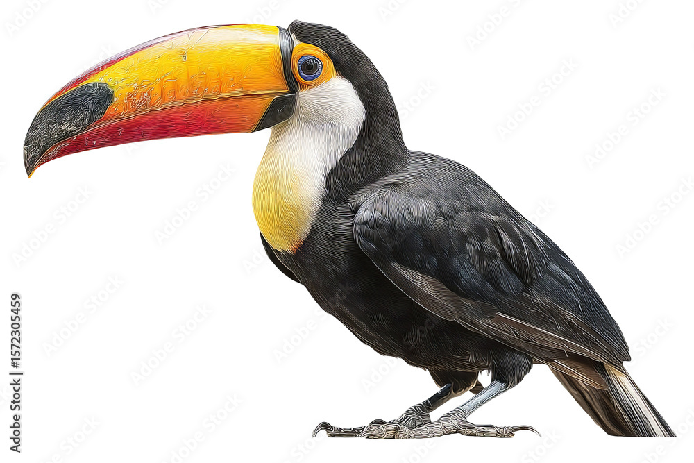 Fototapeta premium Vibrant toucan bird isolated on transparent background in high-resolution PNG style, perfect for cutout design projects